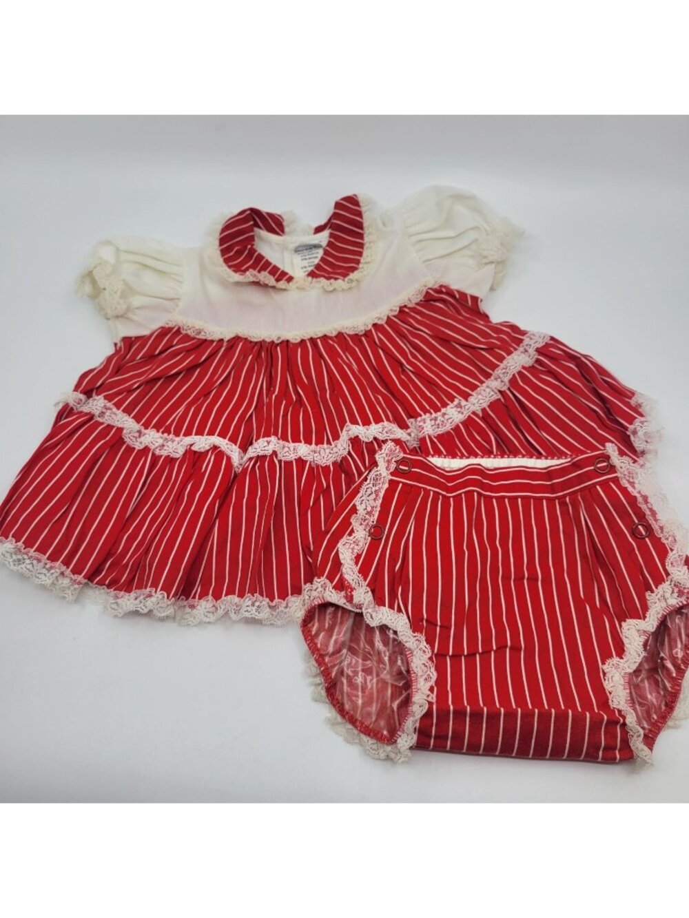 Vintage 1960s Baby Girl Clothing Red Ruffle Dress Diaper Cover approx. 18 months